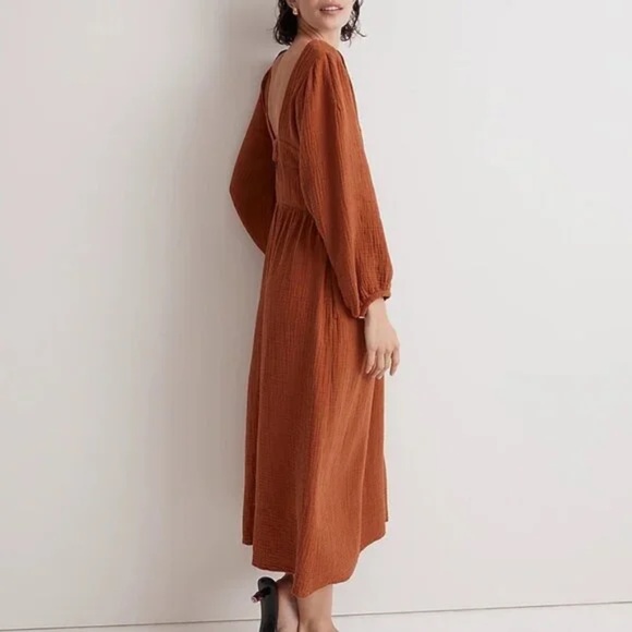 MADEWELL - Lightspun Cotton Gauze V-Neck Midi Dress - Burnt Clay - Medium - BNWT - Picture 4 of 16